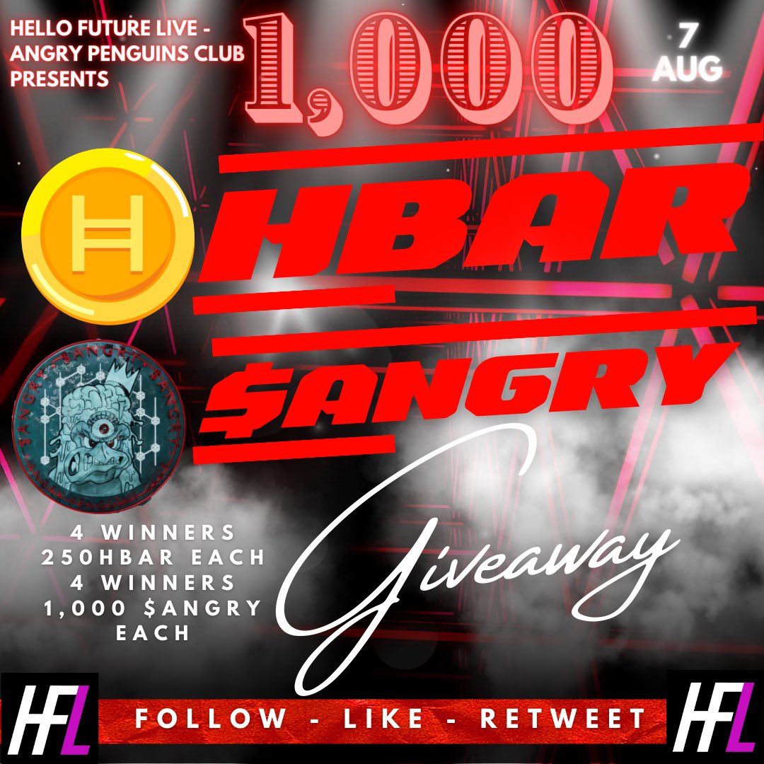 🚨🚨GIVEAWAY TIME🚨🚨 Rules: Follow @HelloFutureLive @AngryPenguinsC 1. Like 2. Retweet 3. Tag 3 friends 1,000 $HBAR ( 4 winners 250 each ) 4,000 $ANGRY (4 winners 1,000 each) Ends in 24hrs GO GO GO GO #hellofuturelive #irlevent #october678 #hbar #angry #hfl #showcase