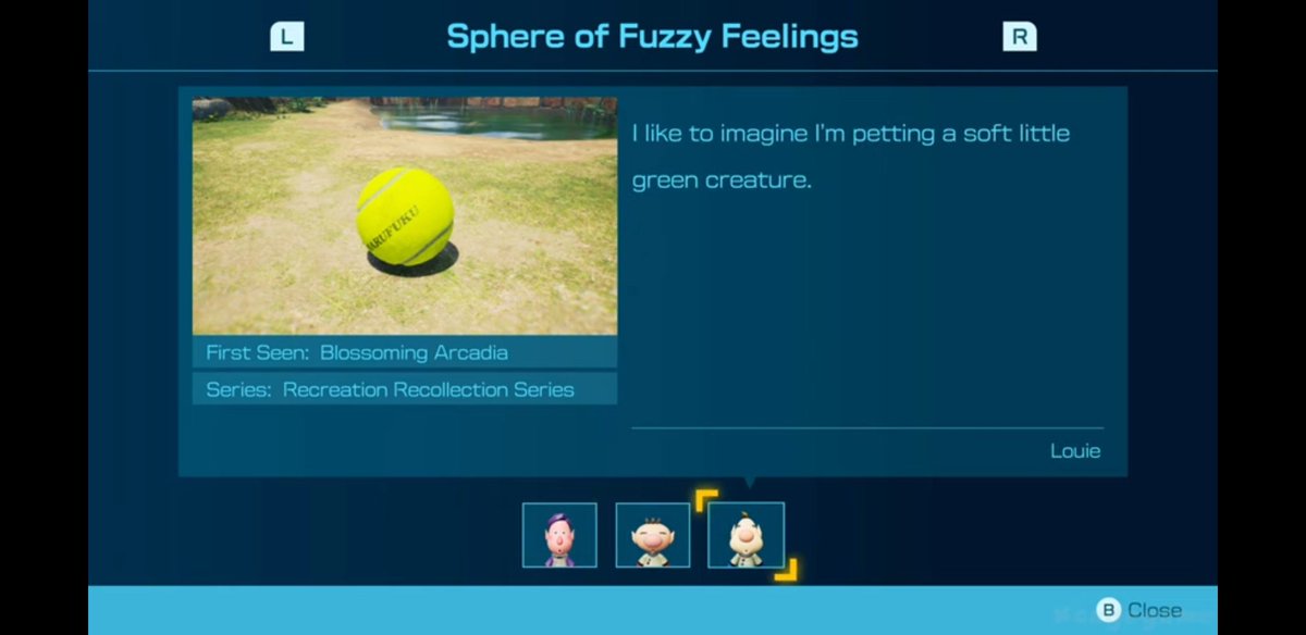 Mossworm1's tweet image. in pikmin 4 the character Louie writes descriptive entries for the objects you collect and they're all about how he loves fidget toys and Textures and putting unfamiliar things in his mouth