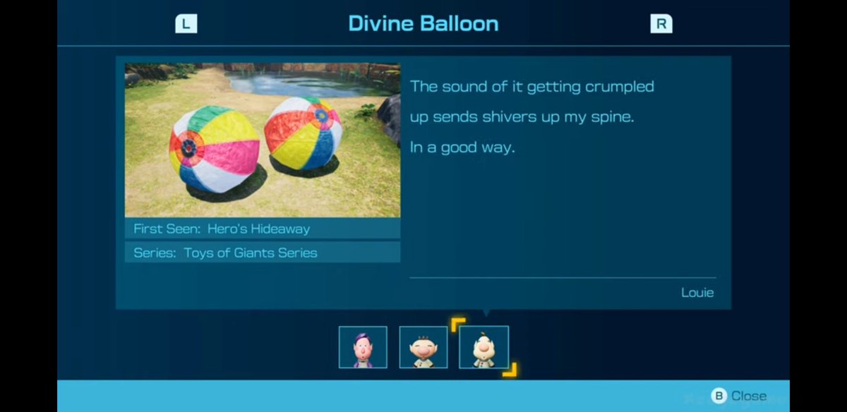 Mossworm1's tweet image. in pikmin 4 the character Louie writes descriptive entries for the objects you collect and they're all about how he loves fidget toys and Textures and putting unfamiliar things in his mouth