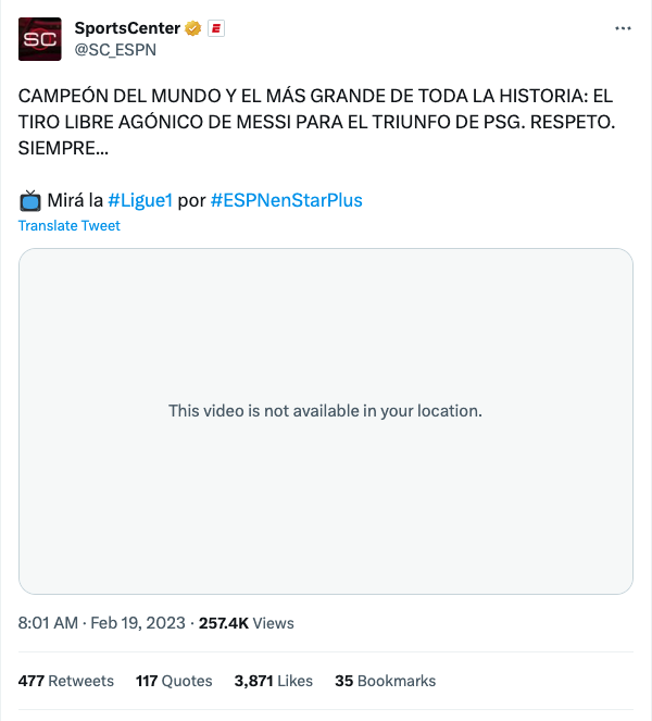 MLS_Buzz's tweet photo. Look at the differences in these engagement numbers between Messi's big free kick for PSG vs his free kick last night for Miami..

1st image - American Ligue 1 coverage (124k)
2nd image - UK Ligue 1 coverage (3.1m)
3rd image -  Argentine Ligue 1 coverage (258k)
4th image - MLS coverage of the goal last night (11.4m)

3.5 million engagements combined for the first 3 after 6 months, while MLS's will hit 15 million on that one tweet by lunch. The official Ligue 1 account doesn't even have a video of the Messi goal against Lille.

This is why geo-locking sports content is a killer for growth in 2023 and another reason why the MLS / Apple deal is incredible for MLS.