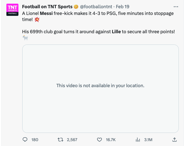 MLS_Buzz's tweet photo. Look at the differences in these engagement numbers between Messi's big free kick for PSG vs his free kick last night for Miami..

1st image - American Ligue 1 coverage (124k)
2nd image - UK Ligue 1 coverage (3.1m)
3rd image -  Argentine Ligue 1 coverage (258k)
4th image - MLS coverage of the goal last night (11.4m)

3.5 million engagements combined for the first 3 after 6 months, while MLS's will hit 15 million on that one tweet by lunch. The official Ligue 1 account doesn't even have a video of the Messi goal against Lille.

This is why geo-locking sports content is a killer for growth in 2023 and another reason why the MLS / Apple deal is incredible for MLS.