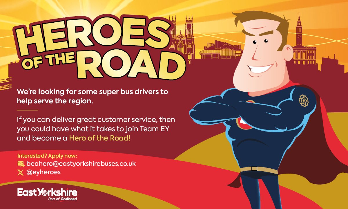 EYBuses's tweet photo. 🦸‍♂️ HAVE YOU GOT WHAT IT TAKES? 👀
We're looking for new recruits for our team of super drivers in Hull. No experience? Don't worry, we'll show you everything you need to know. Your city needs you - apply today 👇
▶️ https://t.co/fj9OKqDvum https://t.co/ZbpHz5pEJL