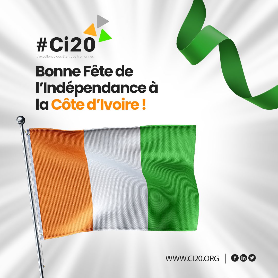 En ce jour de fierté et de célébration, nous souhaitons une bonne fête de l’Indépendance à la Côte d'Ivoire. Nous adressons nos vœux les plus chaleureux à cette nation aux multiples richesses culturelles et historiques.

Joyeuse fête de l'indépendance ! 🇨🇮✨<a href="/Le_CI20/">Le #Ci20</a> 

 #CI20 #CIV