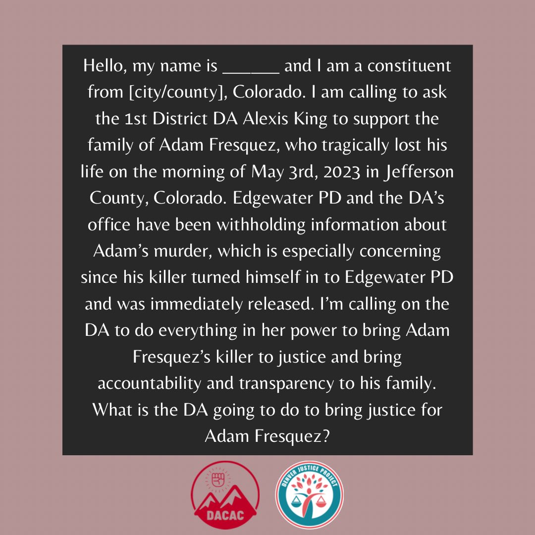 DenverAuroraCAC's tweet image. 🚨PHONE AND EMAIL ZAP DA ALEXIS KING!🚨

Sign up at tinyurl.com/phonezapking for more details on how to participate in today’s action!

@DenJustPro #PoliceAccountability #JusticeForAdam #PoliceMisconduct #racialjustice #JusticeForAdamFresquez