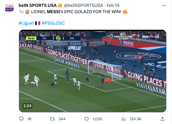 MLS_Buzz's tweet photo. Look at the differences in these engagement numbers between Messi's big free kick for PSG vs his free kick last night for Miami..

1st image - American Ligue 1 coverage (124k)
2nd image - UK Ligue 1 coverage (3.1m)
3rd image -  Argentine Ligue 1 coverage (258k)
4th image - MLS coverage of the goal last night (11.4m)

3.5 million engagements combined for the first 3 after 6 months, while MLS's will hit 15 million on that one tweet by lunch. The official Ligue 1 account doesn't even have a video of the Messi goal against Lille.

This is why geo-locking sports content is a killer for growth in 2023 and another reason why the MLS / Apple deal is incredible for MLS.