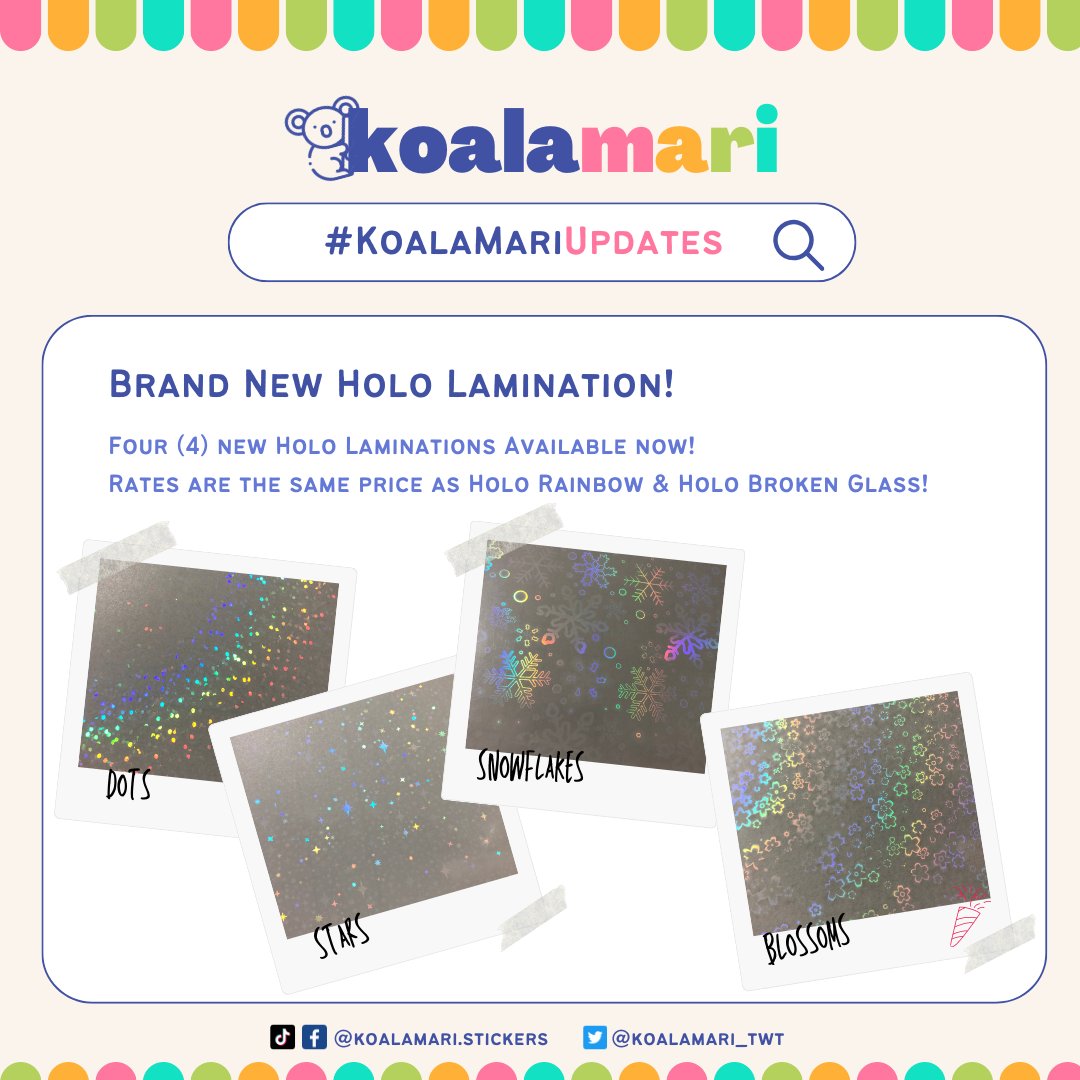 New Holo-lami styles alert! ✨
⭐️ Stars
🔵 Dots
❄️ Snowflakes
🌸 Blossoms

New offerings for your stickers, photo cards, button pins, and other prints!

#koalamaristickers #koalamariupdates #stickerprintingph #stickersph #printingph #artph #smallbusinessph