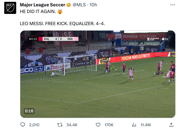 MLS_Buzz's tweet photo. Look at the differences in these engagement numbers between Messi's big free kick for PSG vs his free kick last night for Miami..

1st image - American Ligue 1 coverage (124k)
2nd image - UK Ligue 1 coverage (3.1m)
3rd image -  Argentine Ligue 1 coverage (258k)
4th image - MLS coverage of the goal last night (11.4m)

3.5 million engagements combined for the first 3 after 6 months, while MLS's will hit 15 million on that one tweet by lunch. The official Ligue 1 account doesn't even have a video of the Messi goal against Lille.

This is why geo-locking sports content is a killer for growth in 2023 and another reason why the MLS / Apple deal is incredible for MLS.