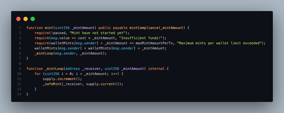 PopPunkOnChain's tweet photo. It's 2023, can we PLEASE stop writing mint functions like this in NFT contracts?

Please bookmark this tweet and keep it in your back pocket for the next NFT contract you need to write.

Mint functions are some of the easiest functions to get right and have the biggest direct impact on the transaction fees paid by the users...

Yet so many people are still doing it very inefficiently...

This is the mint logic for the current #1 trending collection on OpenSea...

What do we see wrong here?

1. maxMintAmountPerTx isn't really indicative of what it REALLY means. This isn't the max amount that you can mint PER transaction, it's the max amount that each address can mint IN TOTAL. Not the biggest deal, but it's always good to appropriately name things for clarity.

2. The contract allows a user to mint 25 NFTs at a time. This is a PERFECT candidate for ERC721A. This is the bulk of the unnecessary gas consumption.

3. Due to minting in a loop, they are needing to increment their supply counter and read from it every time. That's a lot of unnecessary storage operations. OpenZeppelin has deprecated counters, just ditch them all together.

Now let's optimize this function...

The changes were VERY simple...

Here's what we did:

1. Inlined the logic from their mintCompliance modifier.

2. Switched from require statements to reverts with custom errors. Cleaner to look at in my opinion and cheaper in the event of a revert.

2. Switched from ERC721 to ERC721A. I feel like a broken record here, but any time you are allowing multiple mints in a single transaction I would strongly recommend the usage of ERC721A. This library updates state after the mint loop rather than every iteration. This drastically cuts down on the amount of SSTORE operations and in turn saves a MASSIVE amount of gas.

3. Because we're using ERC721A, we are also only updating the current counter ONCE, as opposed to N times, where N is the number of mints.

Okay, now on to the juicy part. The results:

Our test case minted 25 NFTs, which is the maximum amount per wallet that was defined in the original contract.

The optimized version is over FOUR times more efficient.

Please do note though, foundry does not include the base 21,000 gas transaction fee.

For an experienced developer, this may all be common sense, but the main goal of these threads is to educate newer developers, and hopefully guide them in the right direction so that they write efficient smart contracts earlier rather than later.

gas bad