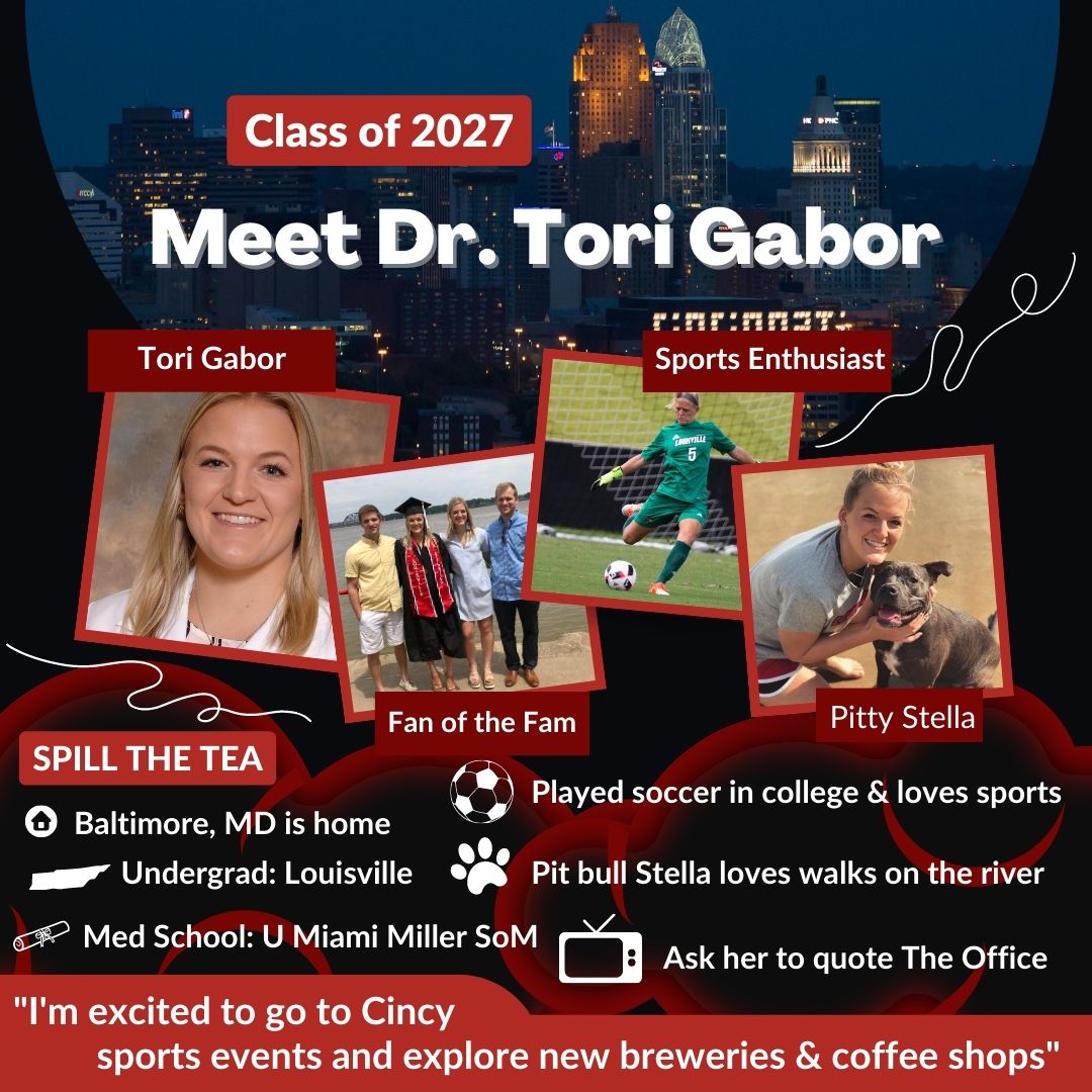 Dr. Gabor is from Baltimore. She did undergrad at @uofL & med school at @umiamimedicine She enjoys #SocialEM & #SportsMed (plus soccer, which she did in college). She’s excited to explore Cincinnati w her sweet pit bull Stella and go to some FCC, Reds, Cyclones, & Bengals games
