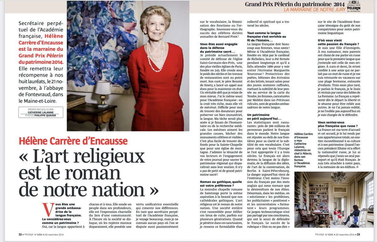 En 2014, Hélène Carrère d'Encausse, marraine de notre #GrandPrixPelerinduPatrimoine me confiait : " Quand le président Eltsine m'a offert la nationalité russe, j'ai répondu que j'avais un seul passeport et qu'il était français".<a href="/LePelerincom/">Le Pèlerin (Bayard Presse)</a>, <a href="/Claire_Chartier/">Claire_Chartier</a>