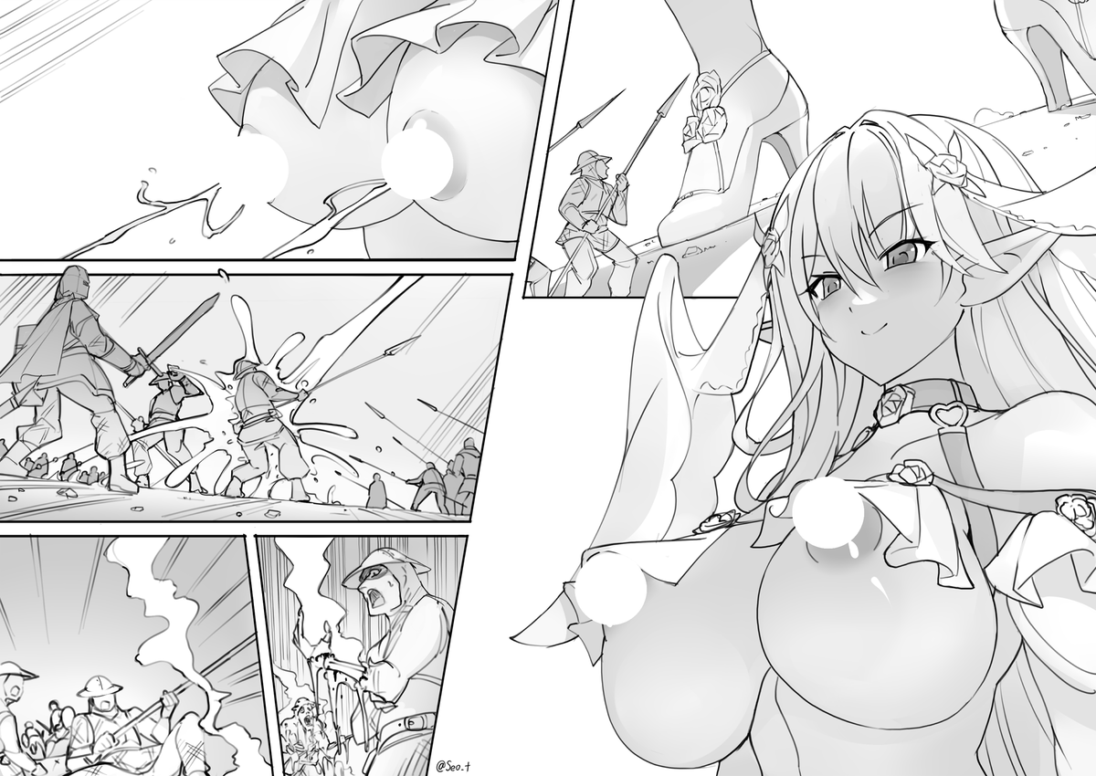 巨大ウエディングドレス嫁エロフに戦いを挑む人間