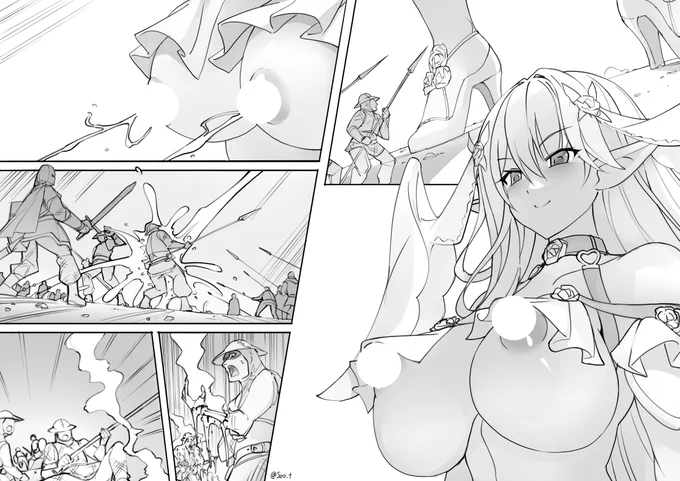 巨大ウエディングドレス嫁エロフに戦いを挑む人間