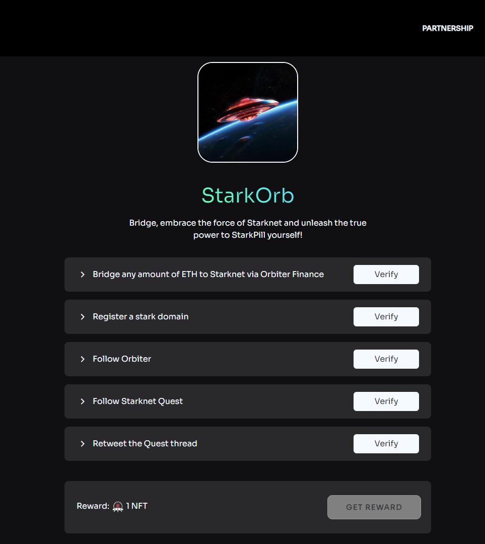 ✅斯塔克 <a href="/Starknet/">Starknet (BTCFi arc) 🥷</a> 域名龙头StarknetID <a href="/Starknet_id/">Starknet.id</a> 与 飞碟 <a href="/Orbiter_Finance/">Orbiter Finance 🛸</a> 的联合活动和新徽章，依然没啥难度的：
starknet.quest/quest/8
通过飞碟跨任意资产到史塔克后，如果已经有史塔克域名的，其他的就是点赞/转发这些，属于5分钟搞定的事情。搞起！