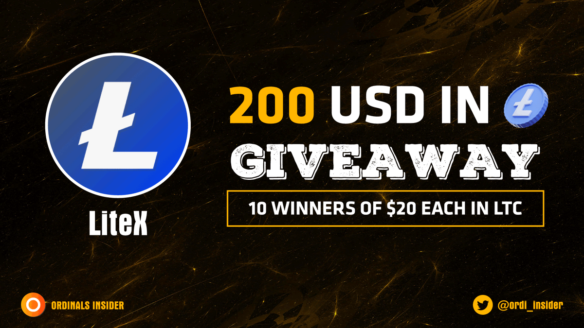 🎉 #GIVEAWAY ALERT

We're thrilled to host an exclusive giveaway with our partner <a href="/LiteXwallet/">LiteX - Litecoin wallet for Web3</a> 

🎁 $200 in $LTC for 20 lucky people ($20 for each)
⏰ Duration: 72 hours

👉 Like &amp; Retweet
👉 Follow us <a href="/ordi_insider/">Ordinals Insider</a> <a href="/LiteXwallet/">LiteX - Litecoin wallet for Web3</a> 
👉 Tag 3 friends and comment your wallet

#BRC20