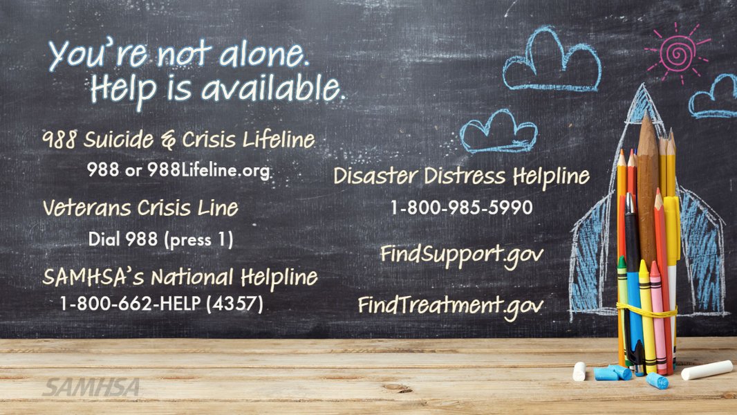 As students prepare to head #BackToSchool, there are ways to support yourself &amp; those around you. If you or someone you know needs help, confidential support and treatment options are available. 

💛 Help yourself &amp; share to help others: samhsa.gov/find-help