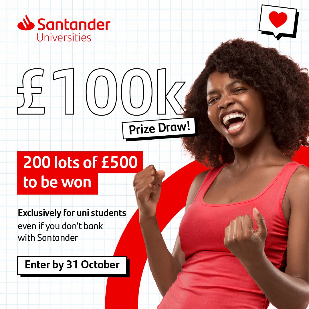 Entries open for the latest Santander Universities Prize Draw! You could win 1 of 200 lots of £500. 
Use the funds on rent, bills, groceries, student resources etc to help you make a positive start to the new  academic year. 
Enter by 31 October
bit.ly/44WeiqQ