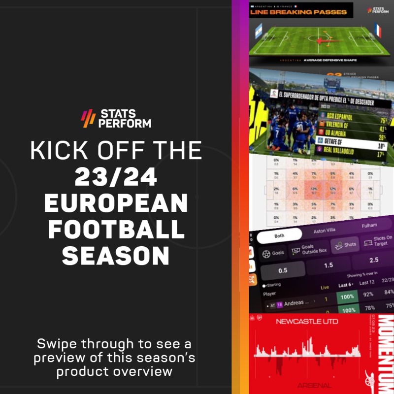 StatsPerform's tweet photo. Are you ready for the return of European football? ️⚽️

Here's a taste of how new #Opta data points, tools and products can enable you to deliver deeper insights to fans, grow your global audience and activate new sponsorship opportunities.

Swipe through. ⬇️