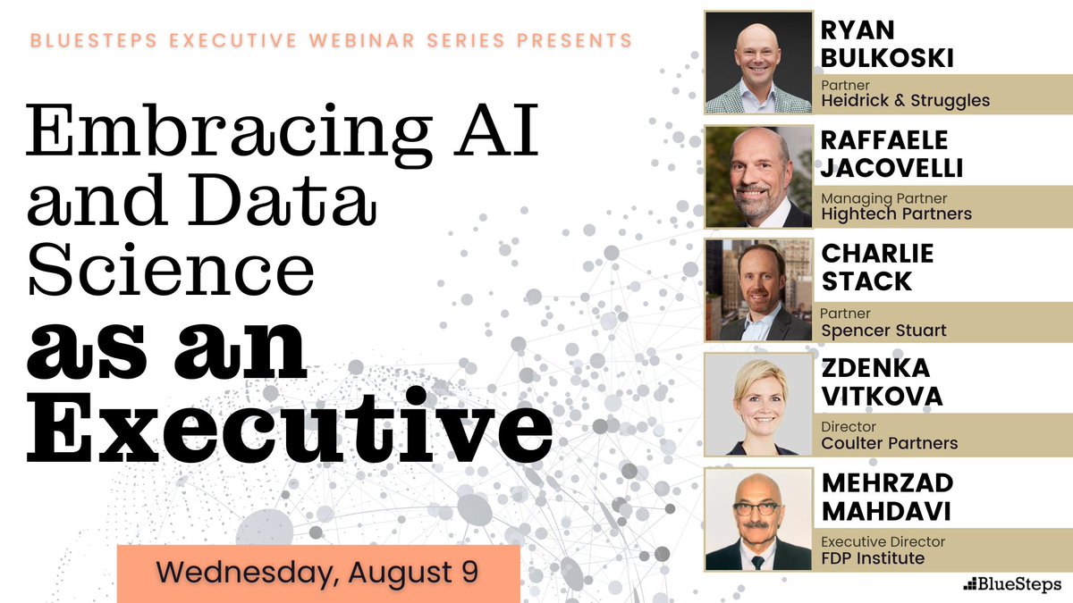 CoulterPartners's tweet photo. On the 9th August Zdenka Vitkova will be a panelist at the BlueSteps webinar, "Embracing AI and Data Science as an Executive".

Find out more here: https://t.co/J87t8Szqjh https://t.co/f552zd9ERS