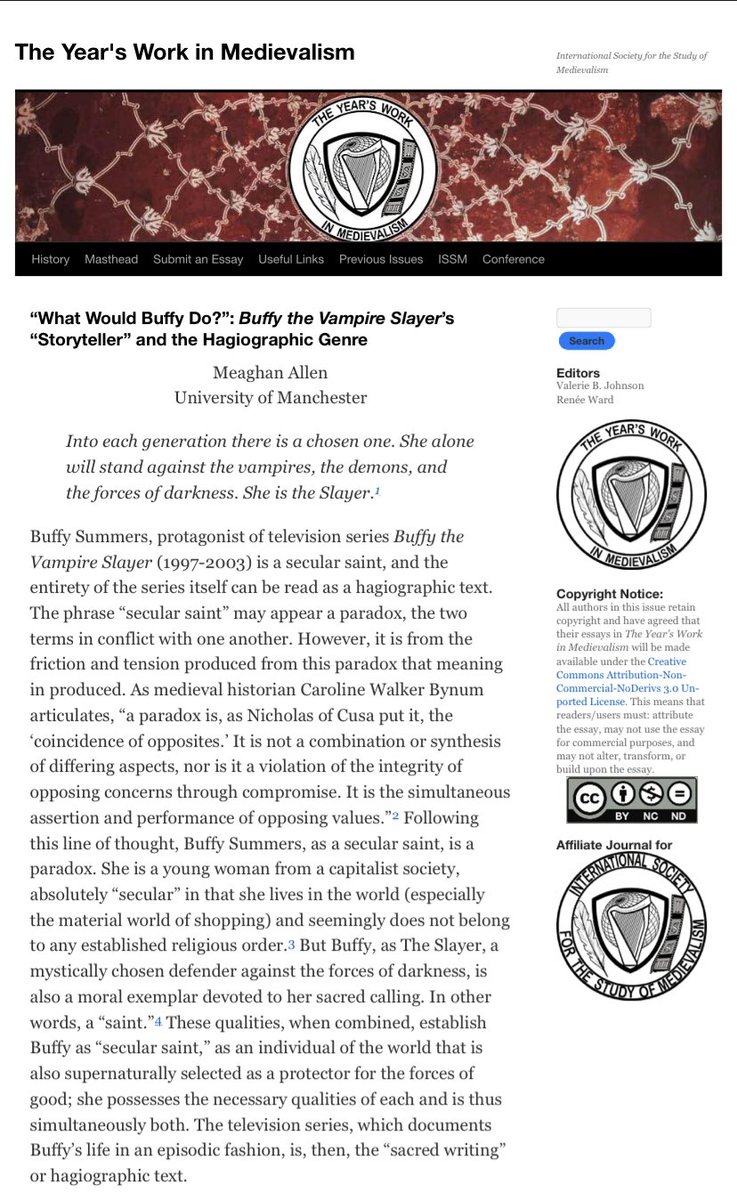 meaghan_allen_'s tweet photo. My first peer-reviewed article publication for @issm_org is LIVE! I am beyond excited to share this piece about #buffythevampireslayer, #hagiography, &amp; #medievalism !!!
.
.
.
#medieval #PhD #phdlife
.
https://t.co/C3R8ExFtPA https://t.co/fmEKfzw62V