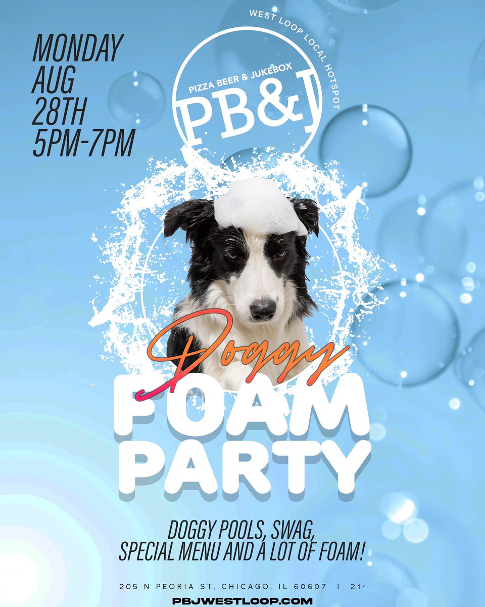 Who’s ready for our Doggy Foam Pawty? It’s happening on Monday, August 28th at 5pm on the patio! We will have doggy pools, swag, a special menu and a lot of foam! We recommend our pups to come ready to rave at PB&J!