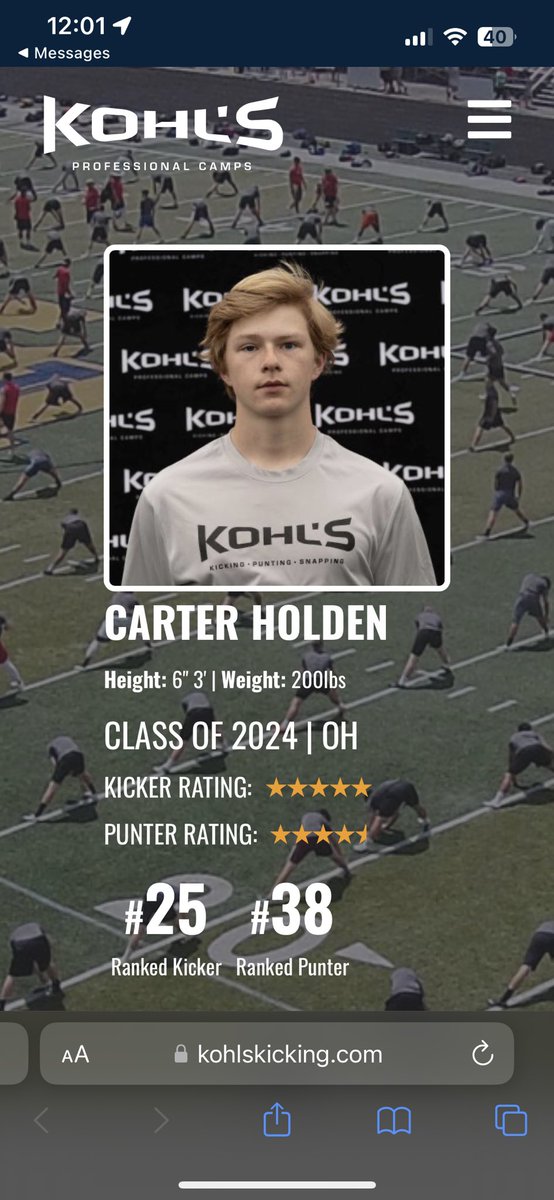 After a great performance at the <a href="/KohlsKicking/">Kohl's Kicking Camps</a> National Scholarship Camp, I am blessed to be ranked a 5⭐️ kicker and number 25 in the nation! Can’t wait to compete this season!
<a href="/CeltsFootball/">DJHS Celtic Football</a> <a href="/CoachGlass2/">Brett Glass</a> <a href="/MrHardyPE/">Jake Hardy</a> <a href="/D_Madden_Punter/">Coach Dan Madden</a> @OhioNEBigSchool