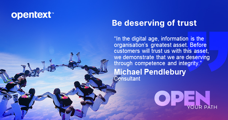 OpenText's tweet photo. Michael, who is based in Australia, shares how he would encourage others and himself to “be deserving of trust” in his every day. 🤝
Learn more about how you can join #TeamOpenText: https://t.co/DuBS8wMOnP https://t.co/T4I5sBLgNJ