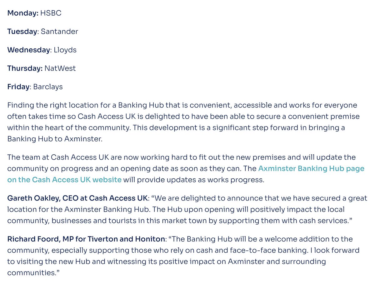 PicklesXminster's tweet image. A step closer to bringing a Banking Hub to Axminster….

Great news for Axminster. 🙏 @RichardFoordLD for your relentless campaigning for this facility in #Axminster as our constituency MP. Thanks to @ax_tc and Axm Chamber too

Lovely picture of the Heart of Axminster banner too.