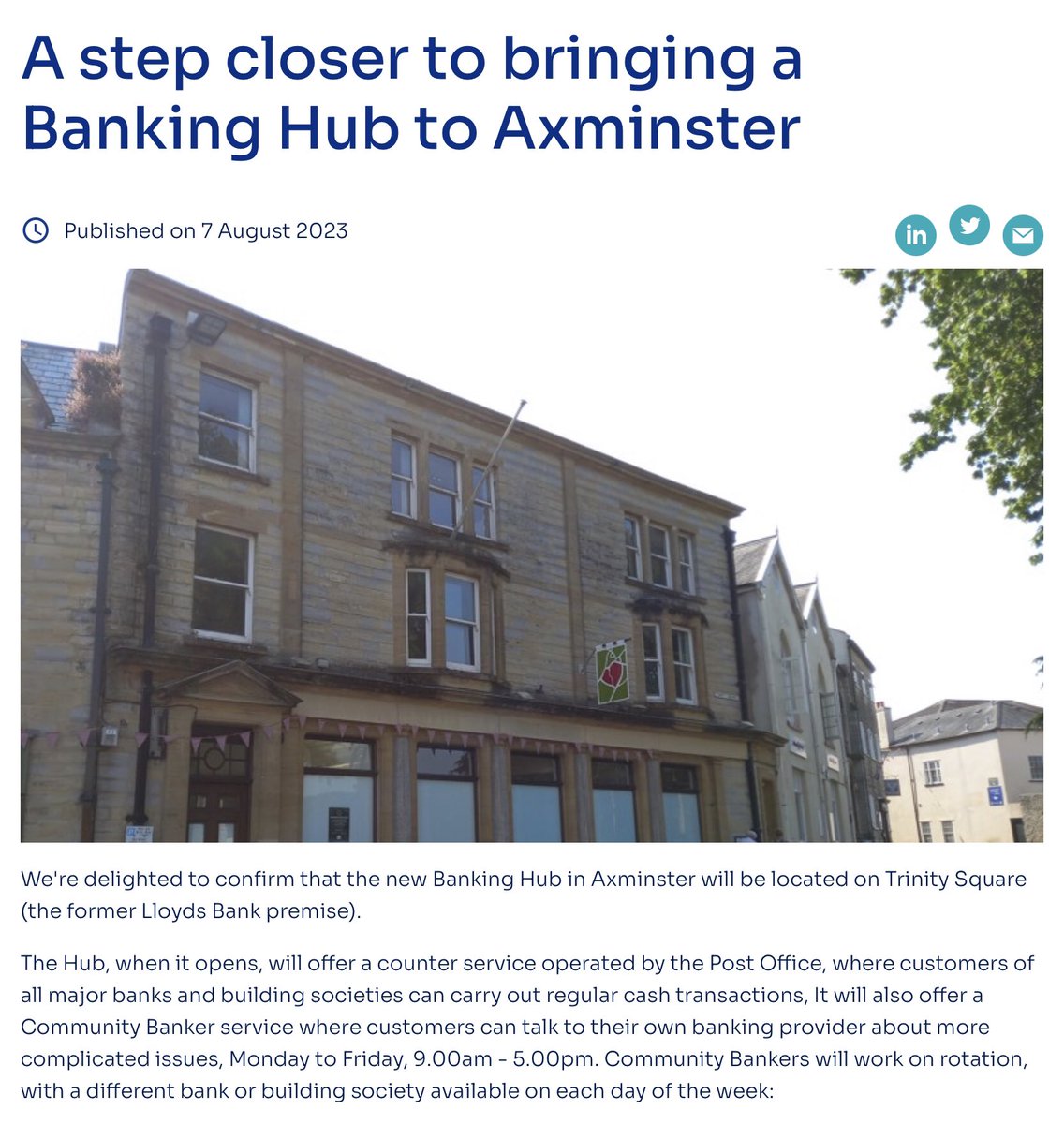 PicklesXminster's tweet image. A step closer to bringing a Banking Hub to Axminster….

Great news for Axminster. 🙏 @RichardFoordLD for your relentless campaigning for this facility in #Axminster as our constituency MP. Thanks to @ax_tc and Axm Chamber too

Lovely picture of the Heart of Axminster banner too.