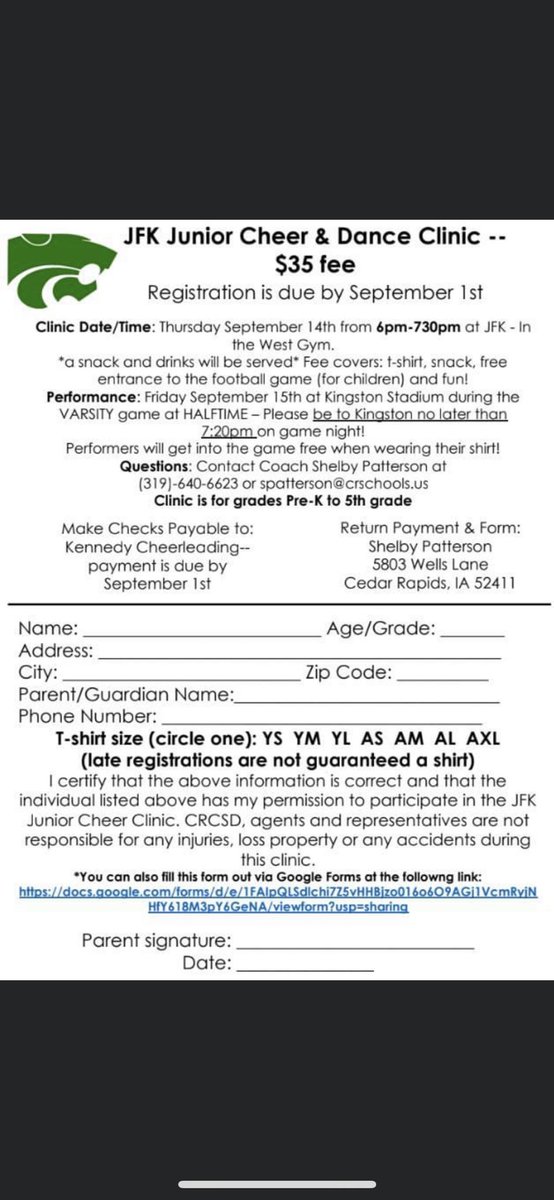 Junior Cougar Cheer and Dance Clinic! Info is also on the JFK Cheer website kennedy.crschools.us/athletics-acti…