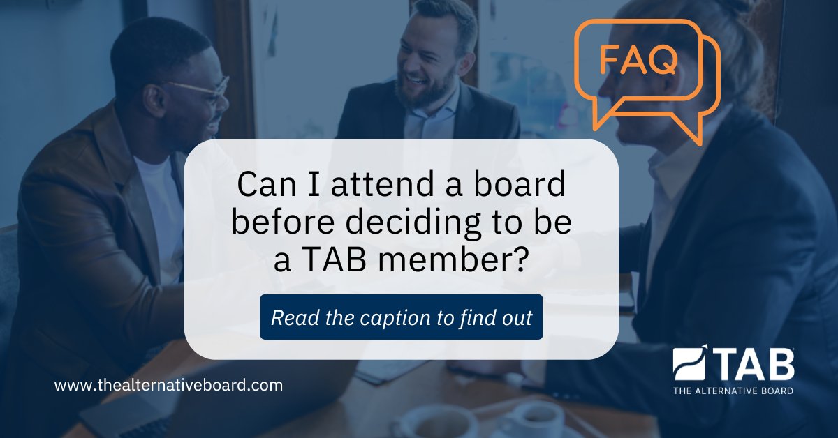 TAB_Boards's tweet image. Are you considering becoming a TAB® member but want to get a taste of what it's like before making a commitment?

Reach out to us or visit our website to inquire about attending a sample board. Let's ignite your business growth together! 
 
#tabboards #atasteoftab #sampleboard