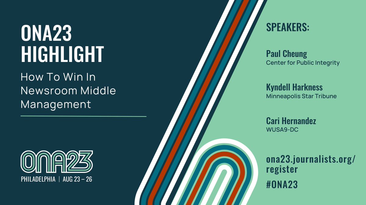 #ONA23 highlight: How To Win In Newsroom Middle Management. @pcheung360, @KyndellHarkness and @caritheproducer discuss leadership best practices to provide strategy and tactics to balance competing demands and workloads while managing up and down. ona23.journalists.org/register/