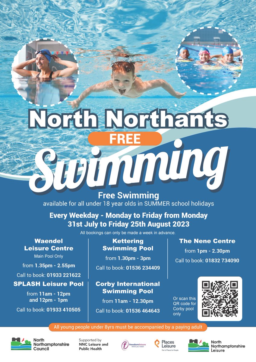 NN_Leisure's tweet photo. Young people are being invited to enjoy FREE SWIMMING this SUMMER holidays! Daily sessions will be available every weekday Monday to Friday, from Mon 31st July to Fri 25th August, at the five North Northants pools. 

@FreedomLeisure @PlacesLeisure @NNorthantsC https://t.co/kqEty9gK5O