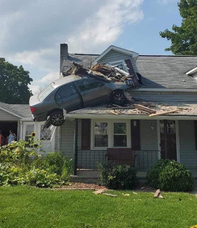 WFLA's tweet photo. WOW! This driver had a close call after their car ended up crashing into the second floor of this Pennsylvania home. Read more: https://t.co/JidLLpAqtR https://t.co/T9N7XVfPvC
