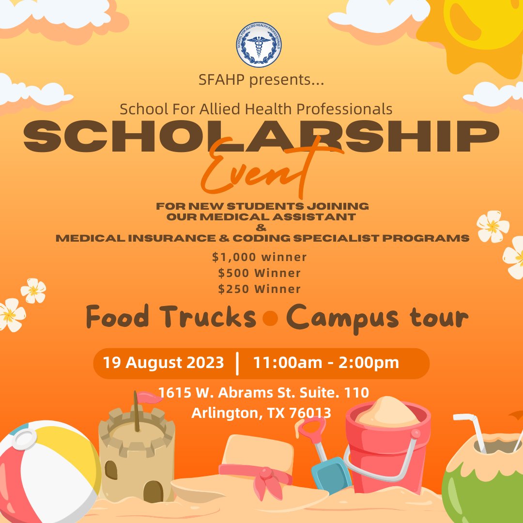 Are we going to see you there?!

#GetPumped #Scholarships #ScholarshipAlert #Texas #TX #Arlington #ArlingtonTX #ArlingtonEvents #TexasEvents #TXEvents #SFAHP #MedicalSchool #TechnicalSchool #ThingsHappeningInYourArea #MedicalAssistant #MA #MICS #MedicalCollege #MedicalTwitter