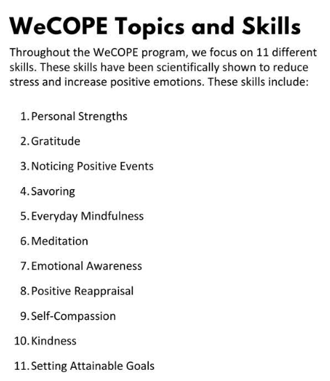 WIAgLeader's tweet photo. #WeCOPE is about "Connecting to Our Positive Emotions." It's based on research by Dr. Judy Moskowitz & researchers around the world. It showcases 11 skills. Please get in touch for more info or follow this feed to see the practice articles over time. https://t.co/zAxI6RFbfj https://t.co/iztPruWHhG