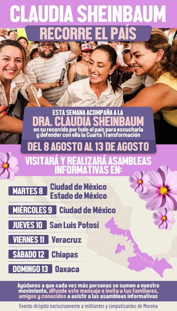 🗓️ Comienza la semana 8 de la Ruta de la Transformación.👉🛣️🚗

¡La alegría y la emoción están en el aire! 

La Dra. <a href="/Claudiashein/">Claudia Sheinbaum Pardo</a> estará en tu ciudad para compartir su visión y el camino hacia la Defensa de la Transformación. 🇲🇽🏙️ 

✍️ Agéndalo en tu calendario: