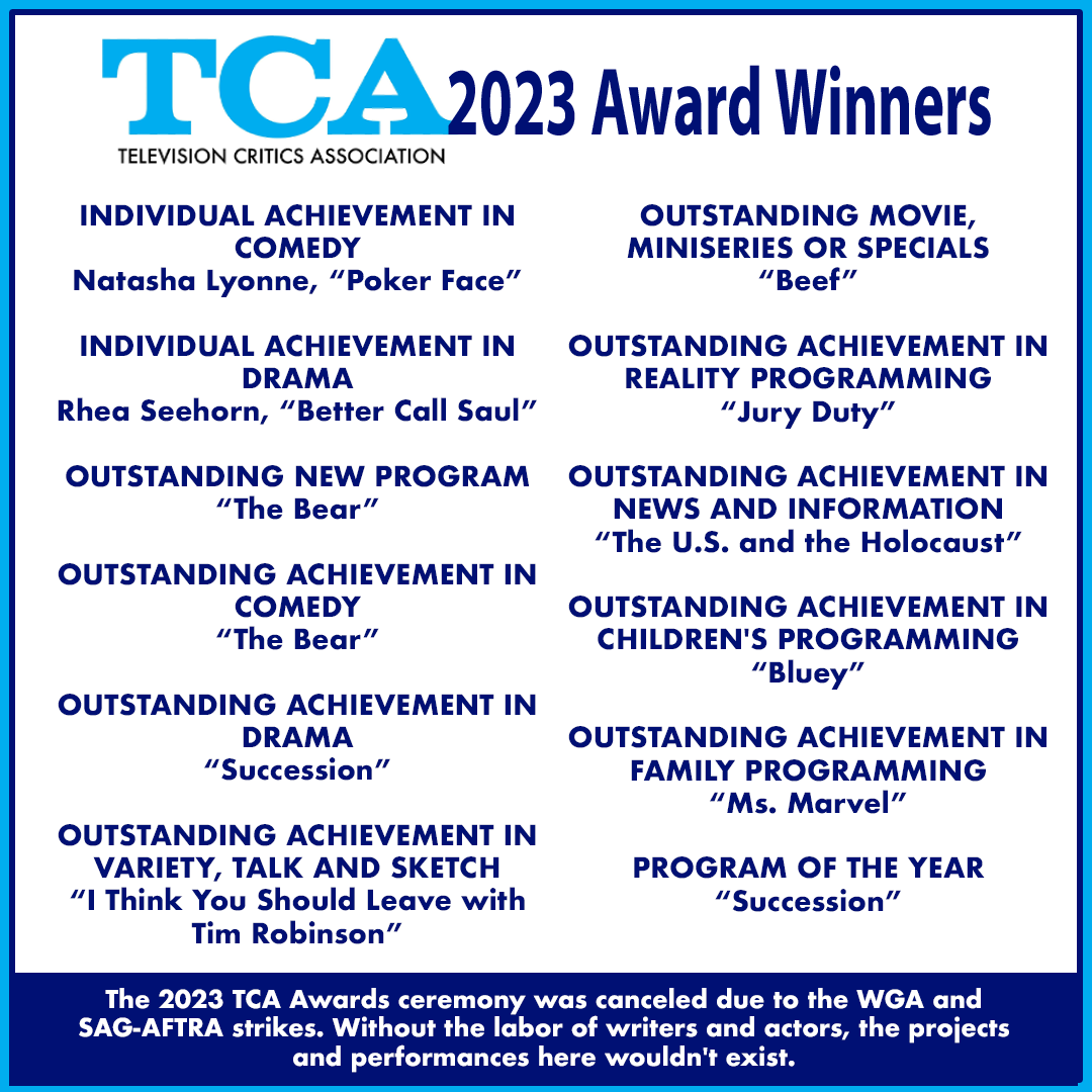 OfficialTCA's tweet photo. Happy to announce this year's #TCA23 Awards winners, including #Succession, #TheBear, and #PokerFace! Plus, Mel Brooks receives the Career Achievement Award, and we celebrate #TheCarolBurnettShow with the Heritage Award! https://t.co/EECzCQRXEu