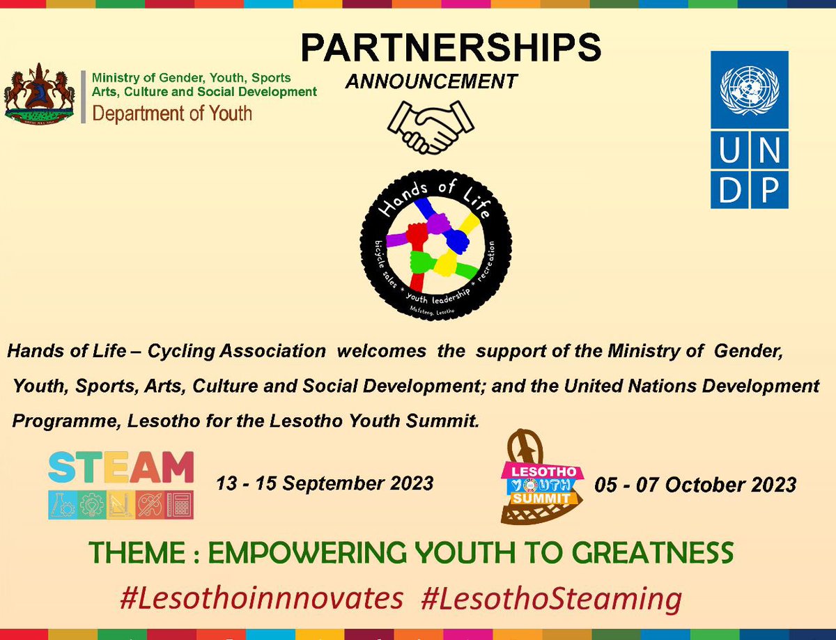 HandsCycling's tweet photo. Hands of Life – Cycling Association  welcomes  the  support of the Ministry of  Gender,
 Youth, Sports, Arts, Culture and Social Development; and the United Nations Development
 Programme, Lesotho for the Lesotho Youth Summit. https://t.co/esaSNmVxiy