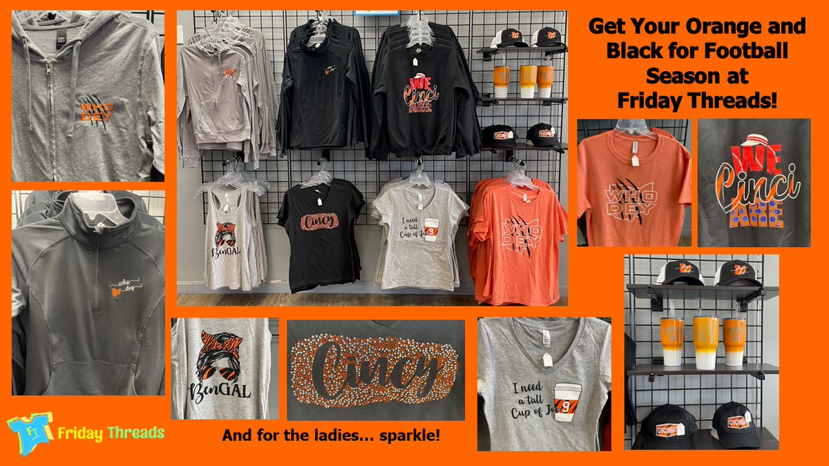 Get Your Orange and Black Shirts for Football Season at Friday Threads!  Stop in today to grab yours before PreSeason starts!
#CincyBengals #SmallBusinesses #MasonOhio