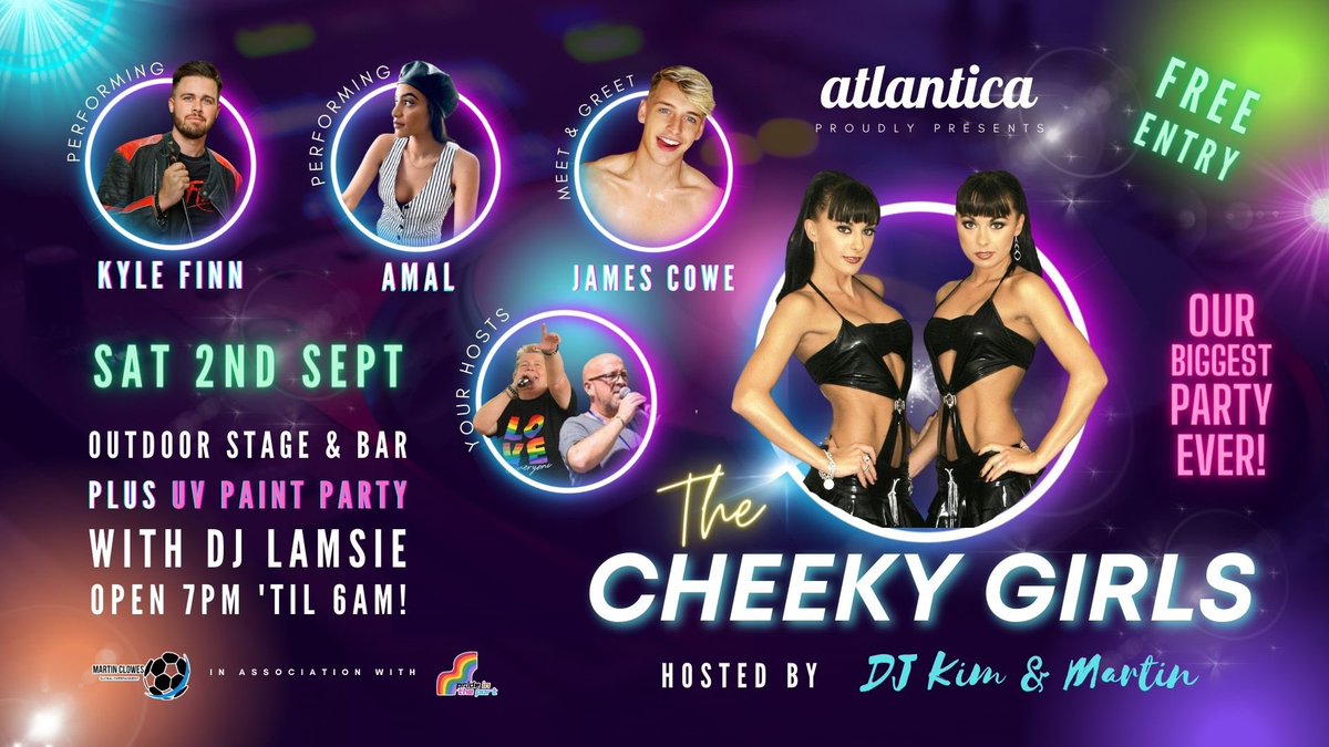 The Cheeky Girls are coming to Atlantica! Saturday 2nd September in association with @PrideinthePort our Pride After Party is our BIGGEST event ever! Plus… it’s free entry all night - 7pm ‘til 6am @kylefinnmusic @AmalFashanu @thecheekygirls @jambocowe @KimHarryYoung1 #porthour