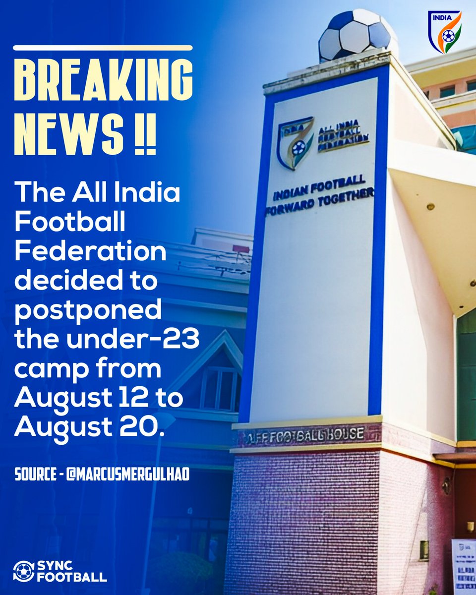 For the ongoing Durand Cup AIFF decided with all ISL clubs that the under-23 camp postponed to August 20 from August 12.

via: MarcusMergulhao, TOI
#indianfootball #asiancup #syncftbl