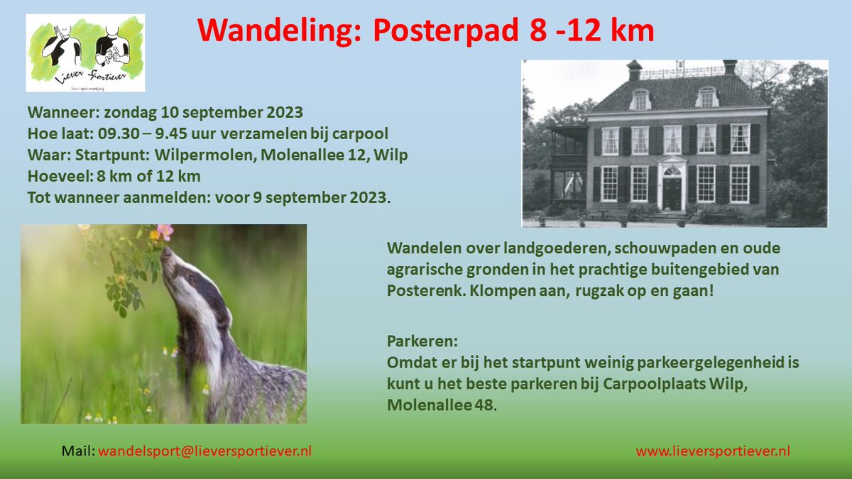 Hoi,
Zin meedoen wandelen met groep?
Dan kunt je  aanmelden voor 9 september via wandelsport@lieversportiever.nl