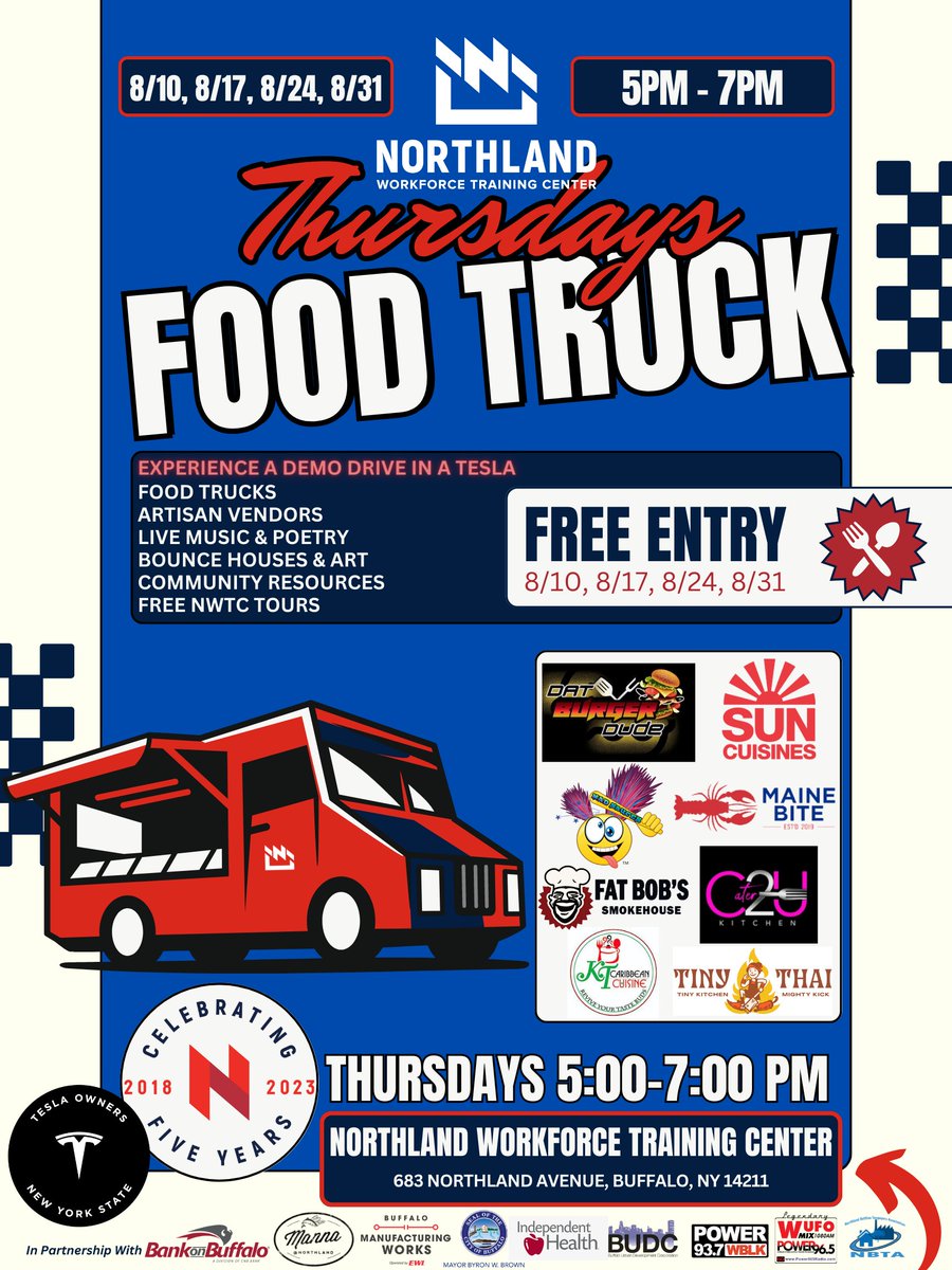🍔 🍴 THURSDAY - FREE ENTRY 🍣 🍦 
Head to Northland Workforce Training Center 8/10, 17, 24, &amp; 31 from 5-7pm! Savor food trucks, experience a demo drive in a Tesla, browse artisan vendors, enjoy live music, poetry readings, bounce houses, community resources, free tours &amp; more!