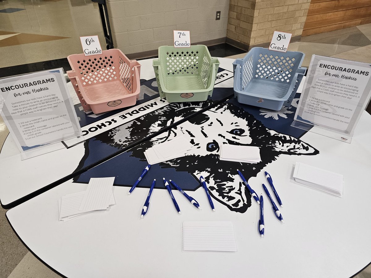 Coming to Open House tonight? ENCOURAGRAMS ARE BACK!!! 🐾
Stop by the Counseling table to write an "encouragram" for your Husky! CSMS counselors will deliver the note to your child when they might need it most. 💛 @CounselingCsms <a href="/CSMS_Huskies/">Carolina Springs Middle School</a>