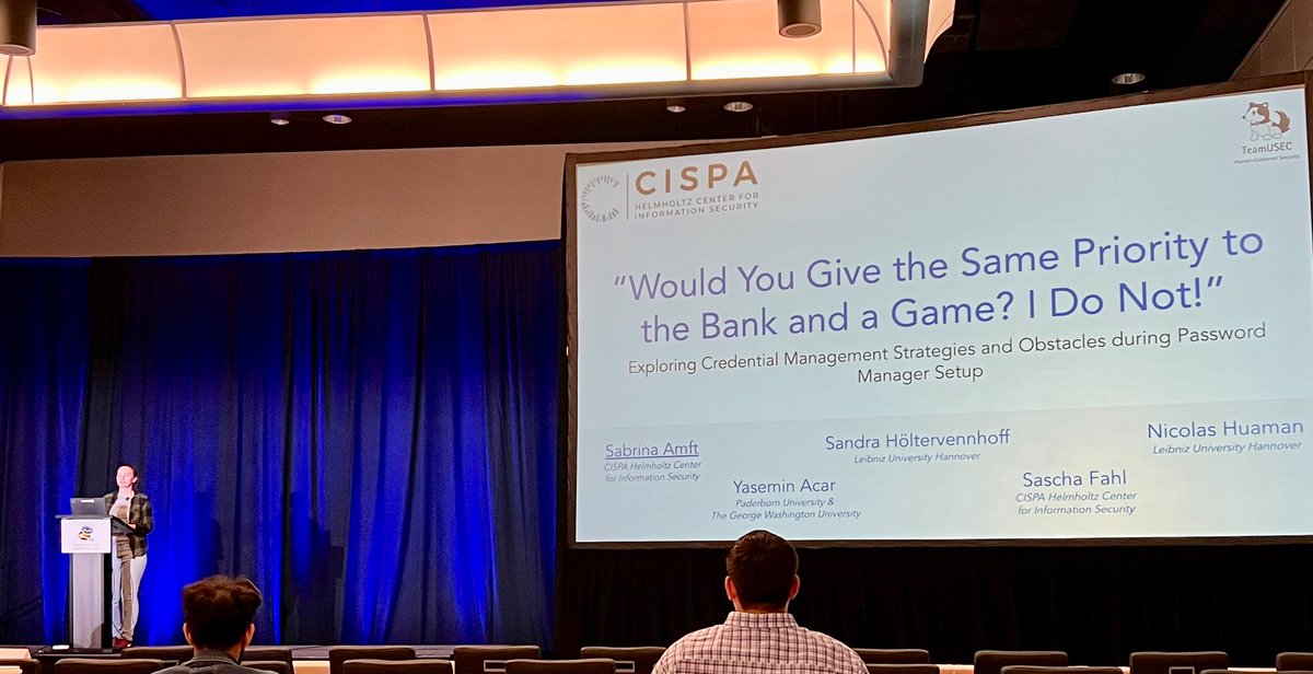 @sa_amft just presented her paper: 'Would You Give the Same Priority to the Bank and a Game? I Do Not!' Exploring Credential Management Strategies and Obstacles during Password Manager Setup, at @SOUPSConference 🎊🎉. Congrats ! 
 #soups2023 #teamusec #cispa