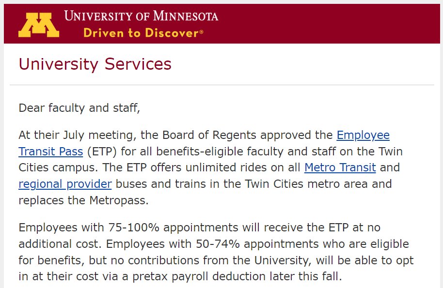 AReynoldsMN's tweet photo. The U just announced it's covering unlimited transit passes for all 75-100%, benefits-eligible employees!! https://t.co/xQSekRekRV