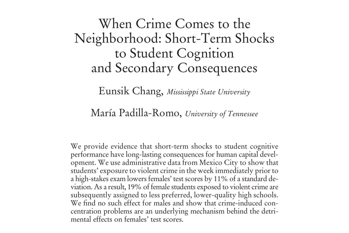 María Padilla Romo (@marapadillar) on Twitter photo Excited to share our paper with <a href="/Eunsik_Chang/">Eunsik Chang</a> just published at the Journal of Labor Economics!
Check it out: journals.uchicago.edu/doi/10.1086/72…
Exposure to violent crime in the weeks prior to a high school admission exam creates gender disparities in test scores and high sch placement. Excited to share our paper with <a href="/Eunsik_Chang/">Eunsik Chang</a> just published at the Journal of Labor Economics!
Check it out: journals.uchicago.edu/doi/10.1086/72…
Exposure to violent crime in the weeks prior to a high school admission exam creates gender disparities in test scores and high sch placement.