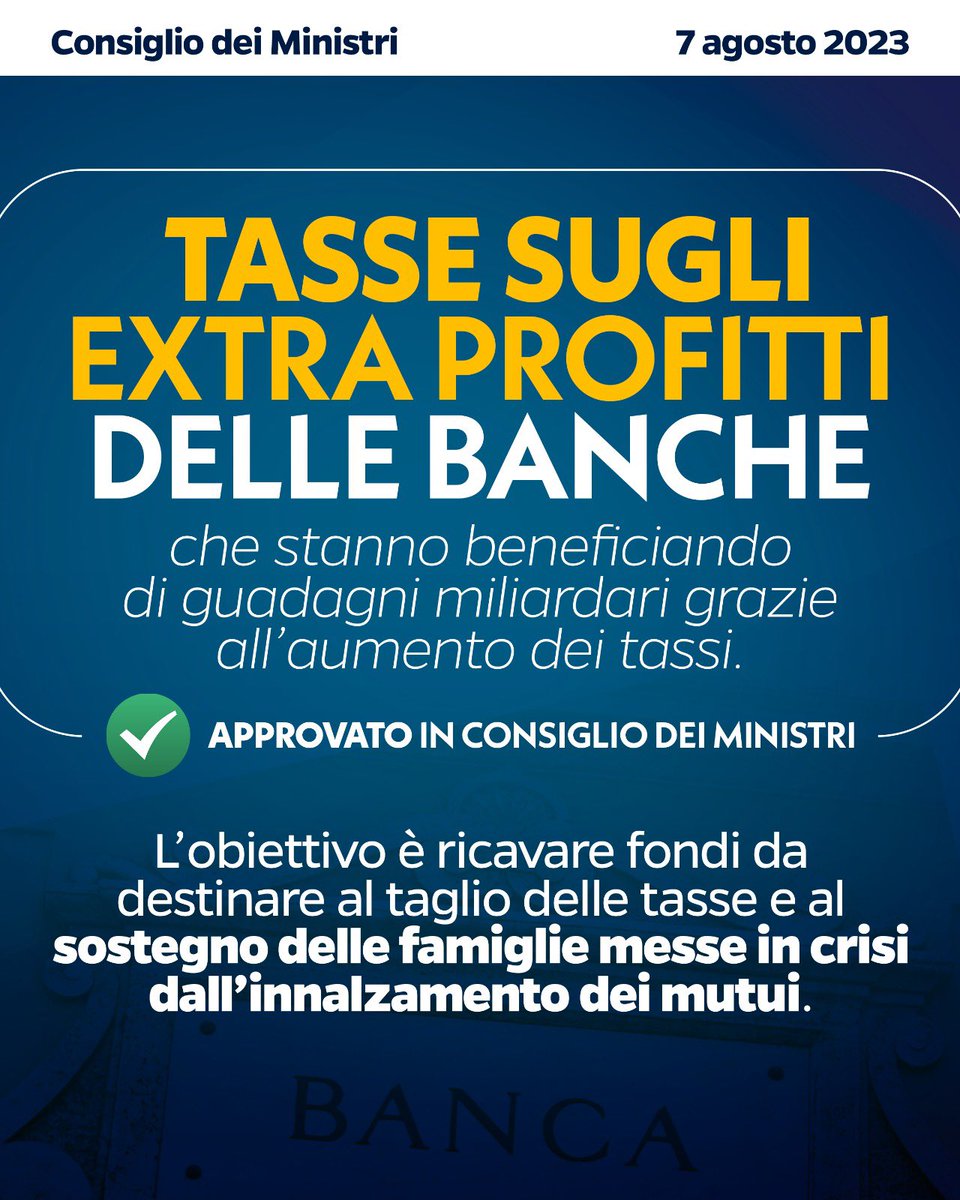 Usare parte dei profitti miliardari delle banche per aiutare famiglie e imprese colpite dall’aumento dei tassi.
Una norma di buonsenso approvata in Consiglio dei Ministri per sostenere chi è in difficoltà.
Avanti così.