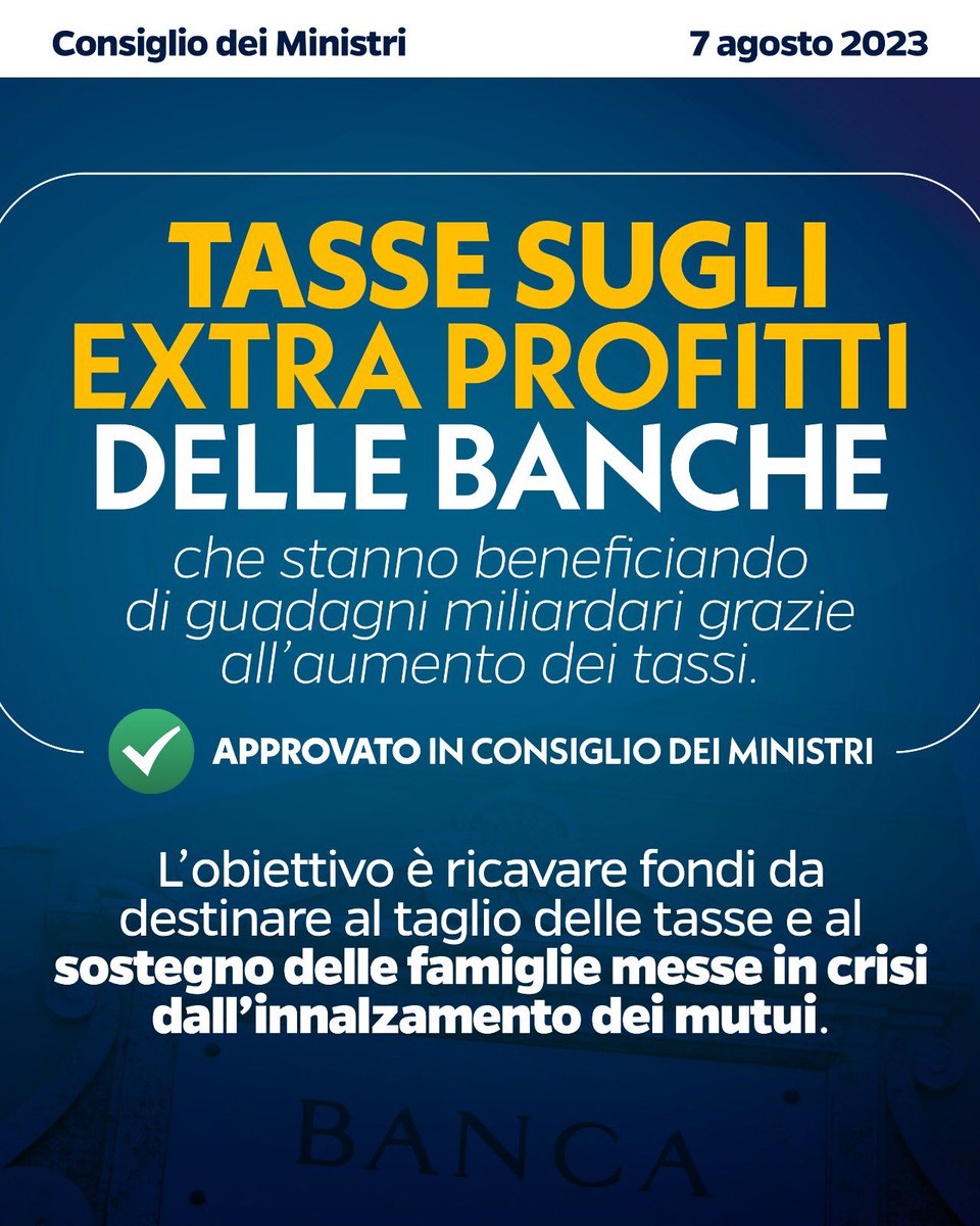 Usare parte dei profitti miliardari delle banche per aiutare famiglie e imprese colpite dall’aumento dei tassi. Una norma di buonsenso approvata in Consiglio dei Ministri per sostenere chi è in difficoltà. Avanti così.