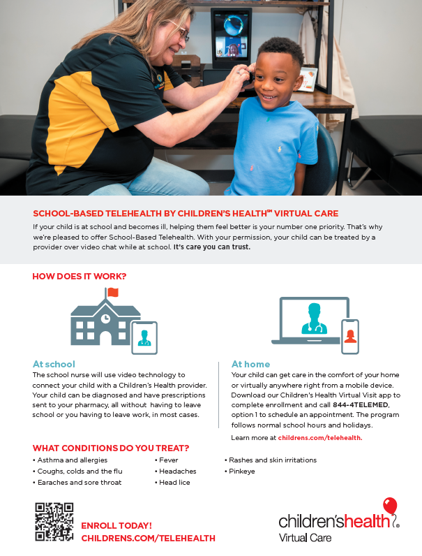 Hedgcoxe is proud to work with @ChildrensHealth to provide care for our students if they get sick at school or at home. More information at childrens.com/telehealth.A rep from Children's Health will be at Meet the Teacher on August 7th to answer questions &amp; assist with enrollment.